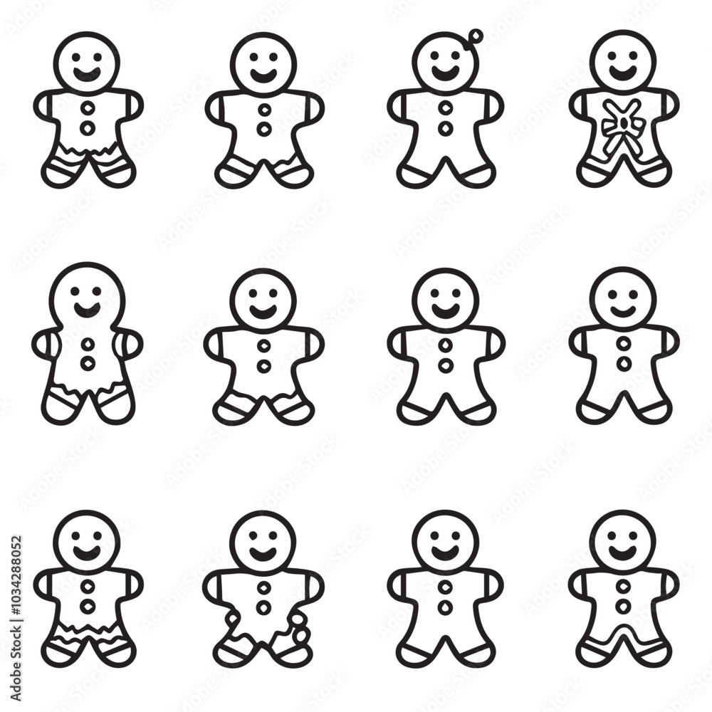 Naklejka premium Outline icon set of cute gingerbread man cookie