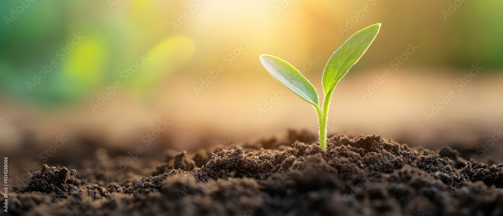 Fototapeta premium Green Seedling Emerging from Soil, Symbolizing New Life and Growth in Agriculture, Represents Cultivation and Nurturing of Nature