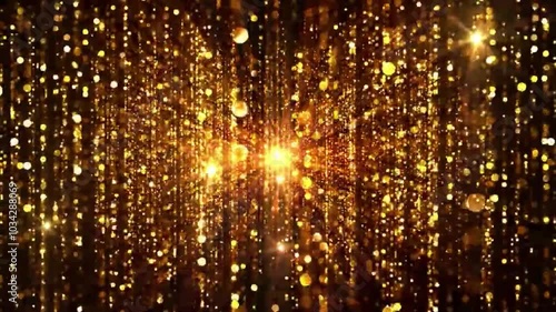 Abstract golden glitter background with sparkling particles and glowing light.