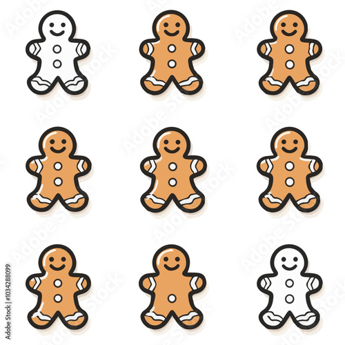 Outline icon set of cute gingerbread man cookie