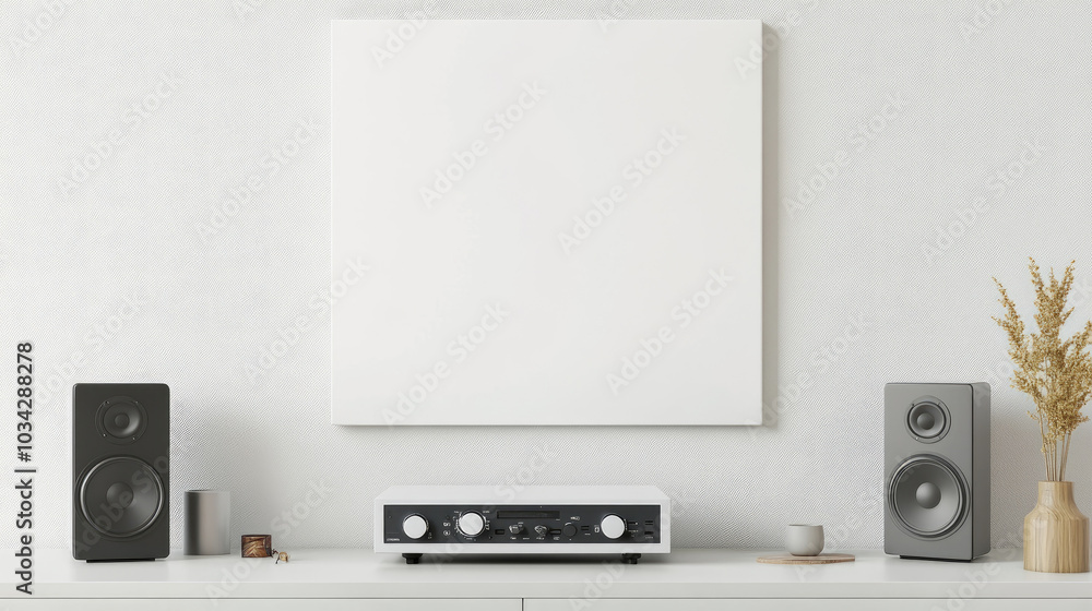 Square white canvas display on wall, modern hi-fi micro system on sleek bureau, contemporary interior design, minimalist aesthetic, 3D rendering Square white canvas display on wall, modern hi-fi micro system on sleek bureau, contemporary interior design, minimalist aesthetic, 3D rendering