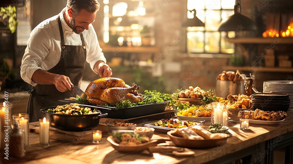 Thanksgiving feast with an exquisite farm-to-table presentation fresh vegetables and herbs alongside a perfectly roasted turkey the warm glow of candles and the rustic charm of hand-carved tableware Thanksgiving feast with an exquisite farm-to-table presentation fresh vegetables and herbs alongside a perfectly roasted turkey the warm glow of candles and the rustic charm of hand-carved tableware