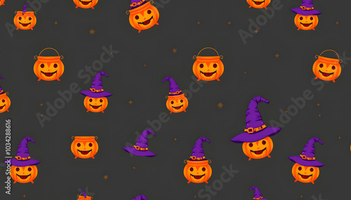 pattern of orange cauldrons and purple witch hat on dark grey background isolated with white highlights, png