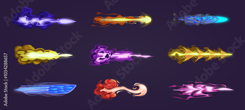 Weapon visual effects. Futuristic weapon shot effects energy, laser, plasma, smoke, rays, lightning. 2D animation set, VFX template, video game, comics book, cartoon vector illustration.