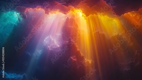 A mesmerizing celestial scene with bright beams of light radiating through a cloud formation, creating an ethereal and otherworldly atmosphere.