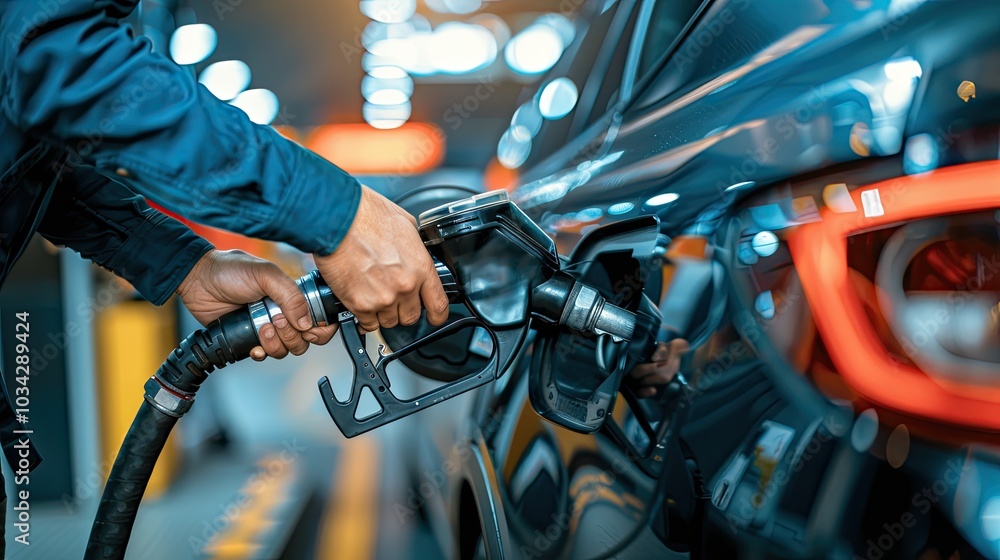 Obraz premium A person filling a cars tank with fuel at a gas station, close up
