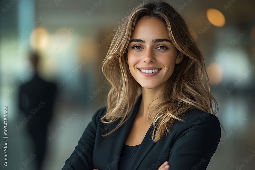 Confident Businesswoman Smiling with Warm Eyes in Office Attire Confident Businesswoman Smiling with Warm Eyes in Office Attire