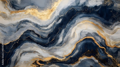 Abstract art with swirling shades of blue, gray, and gold, creating a dynamic and elegant composition.