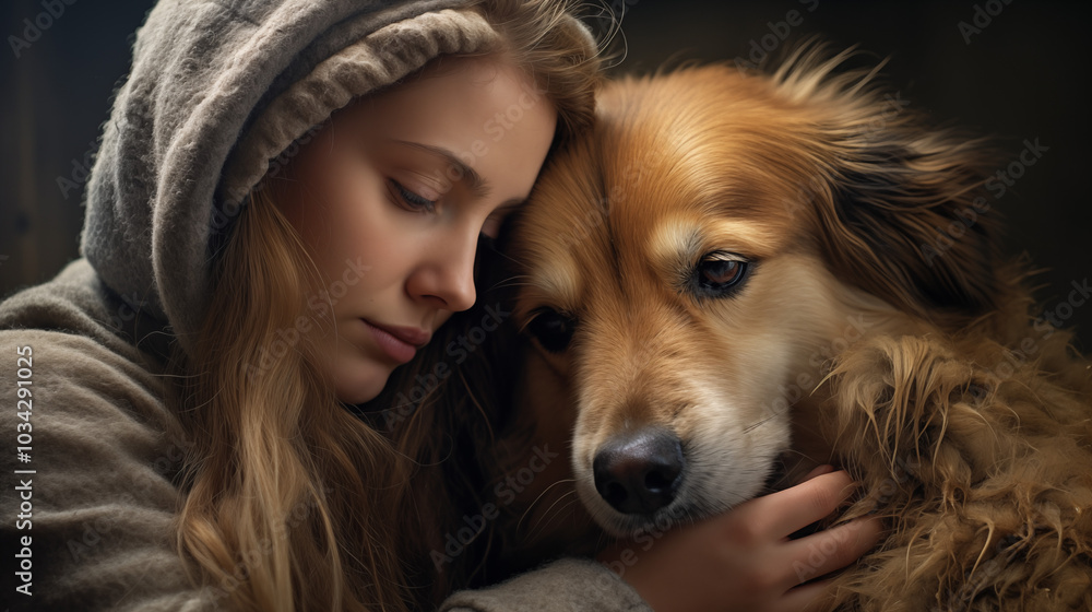 Modern photography of a woman and Golden Retriever, emotional close-up, heartfelt connection Modern photography of a woman and Golden Retriever, emotional close-up, heartfelt connection