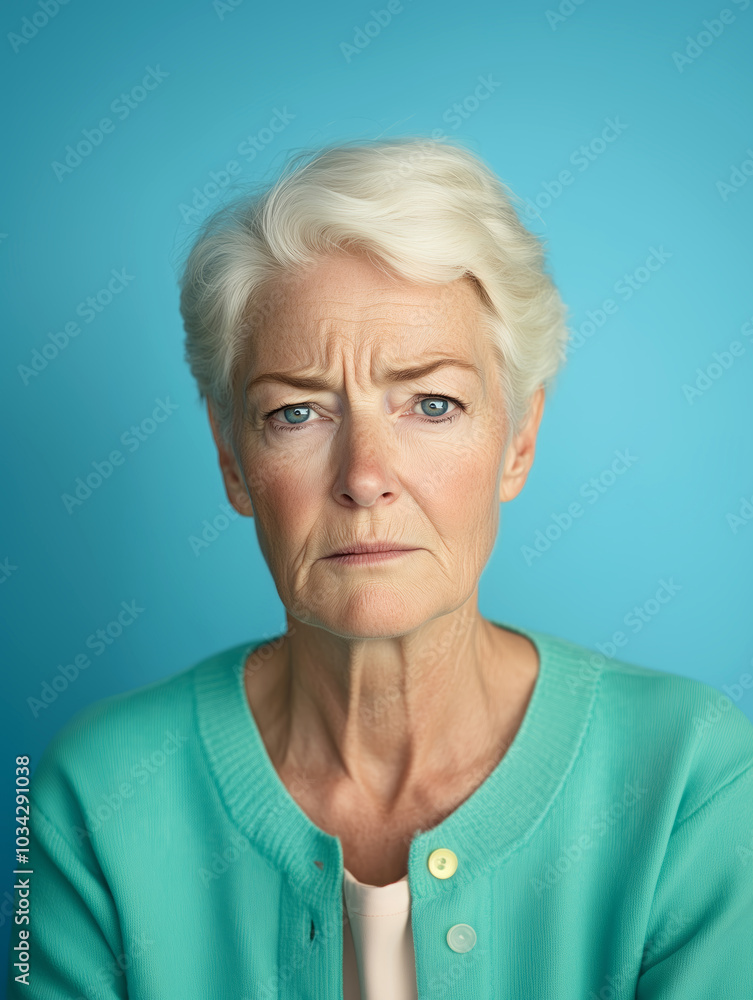 Concerned older woman with a serious expression against a blue background Concerned older woman with a serious expression against a blue background