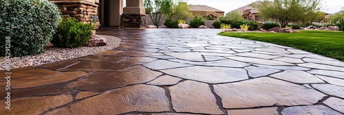 Stamped concrete flagstone walkway leading to house entrance