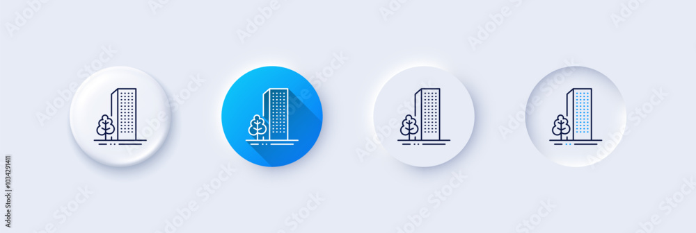 Buildings line icon. Neumorphic, Blue gradient, 3d pin buttons. City architecture with tree sign. Skyscraper building symbol. Line icons. Neumorphic buttons with outline signs. Vector Buildings line icon. Neumorphic, Blue gradient, 3d pin buttons. City architecture with tree sign. Skyscraper building symbol. Line icons. Neumorphic buttons with outline signs. Vector