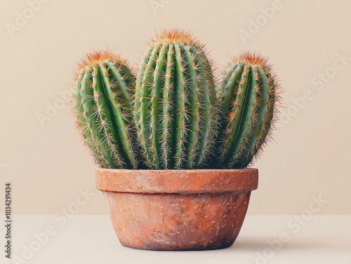 Cactus plant in a rustic terracotta pot placed on a neutral beige background, showcasing a natural and minimalist aesthetic.