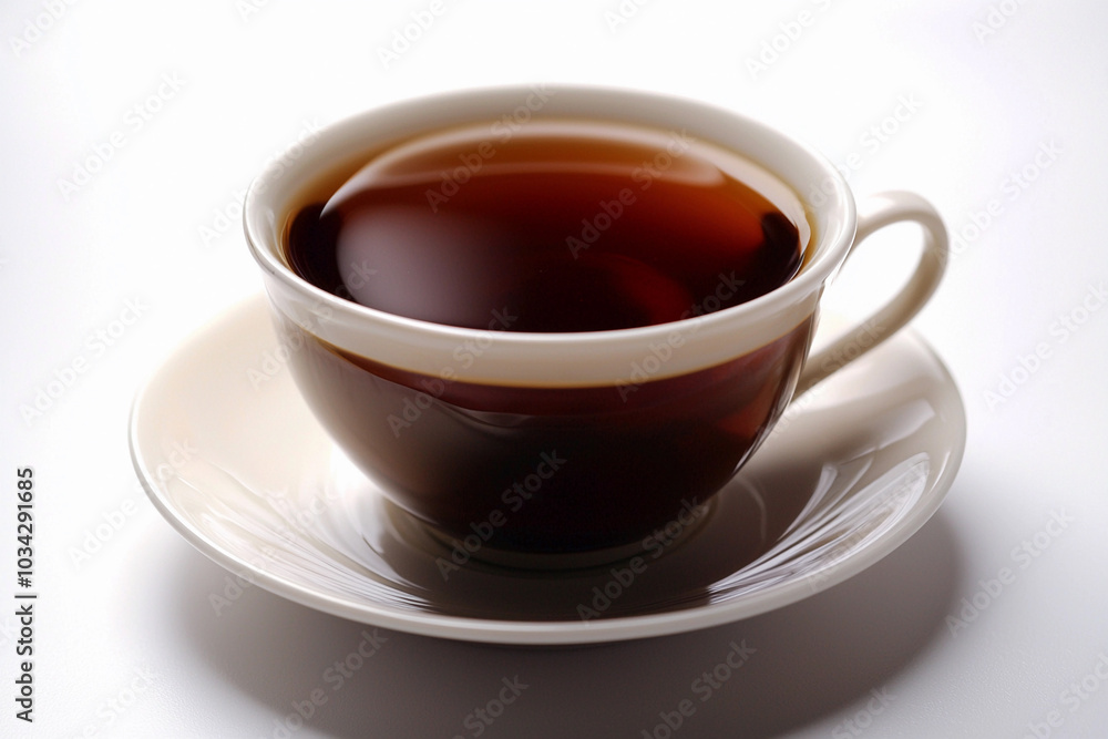 A steaming cup of black tea on a saucer in soft light A steaming cup of black tea on a saucer in soft light