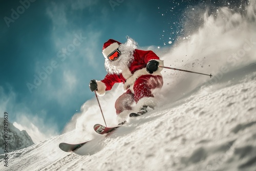 Radical Santa Claus Skiing In The Mountains, Snowy Background, Christmas Concept Background