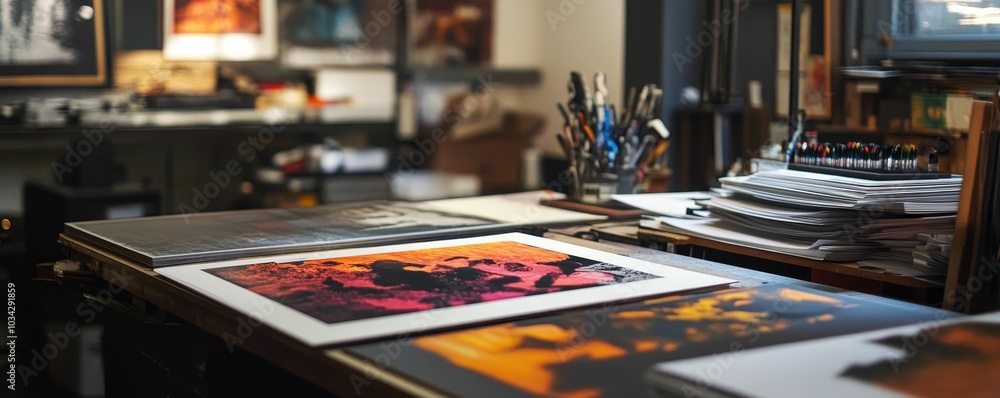 Printed photographs and art supplies on a table. Printed photographs and art supplies on a table.