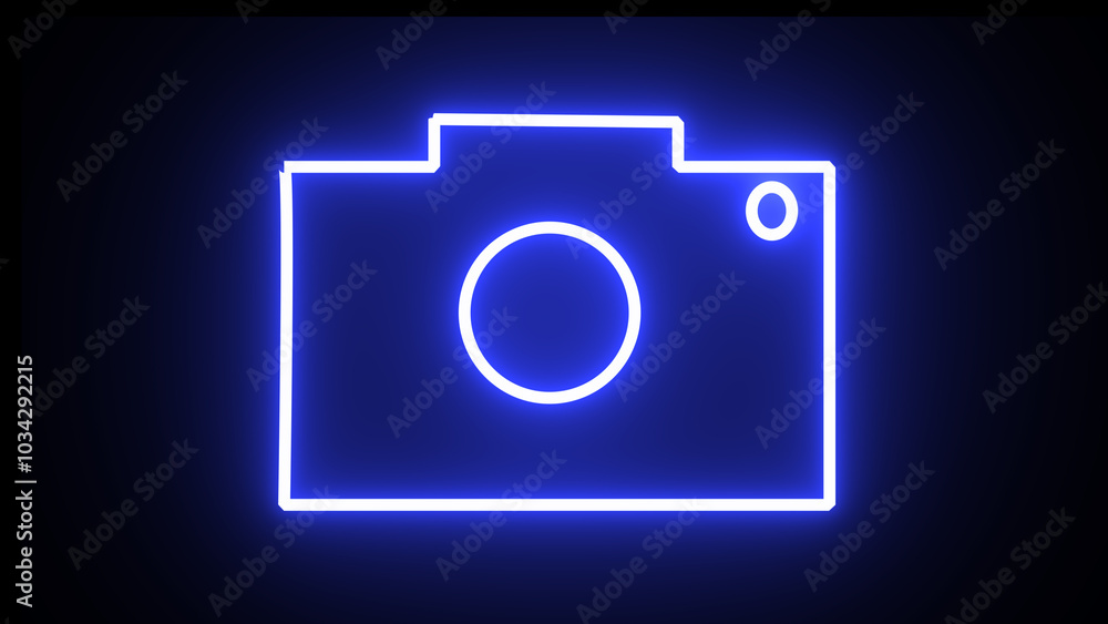 Abstract rendering glowing neon symbol of photo camera animation. Luminous signboard camera motion graphics. Abstract rendering glowing neon symbol of photo camera animation. Luminous signboard camera motion graphics.