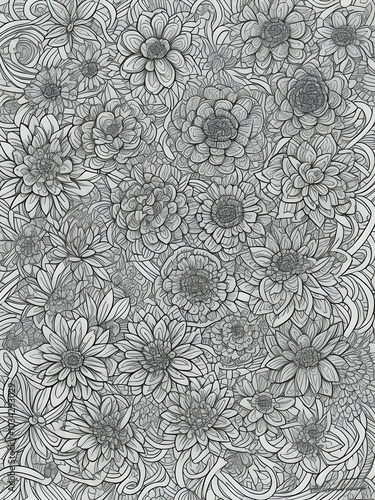 coloring page of seamless pattern with flowers anti-stress , coloring book page, clean line art, thick lines, no color, white background, only strokes