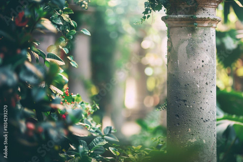 In a tranquil garden, a weathered stone column stands amidst vibrant foliage and delicate flowers, illuminated by the warm light of early evening