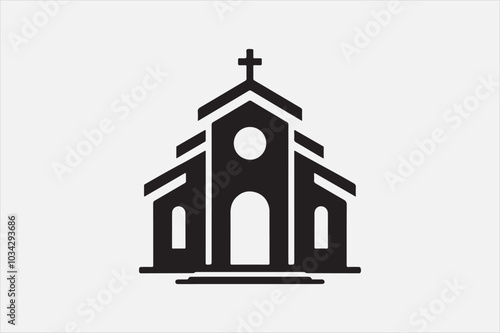 A silhouette of a church with  a cross on top.