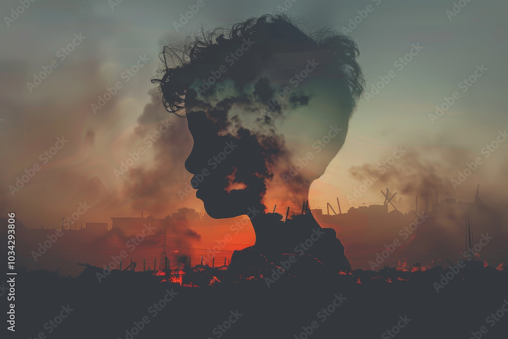 Fototapeta premium A child silhouette emerges against a fiery sunset, reflecting a scene of destruction and chaos, merging innocence with the harsh realities of life