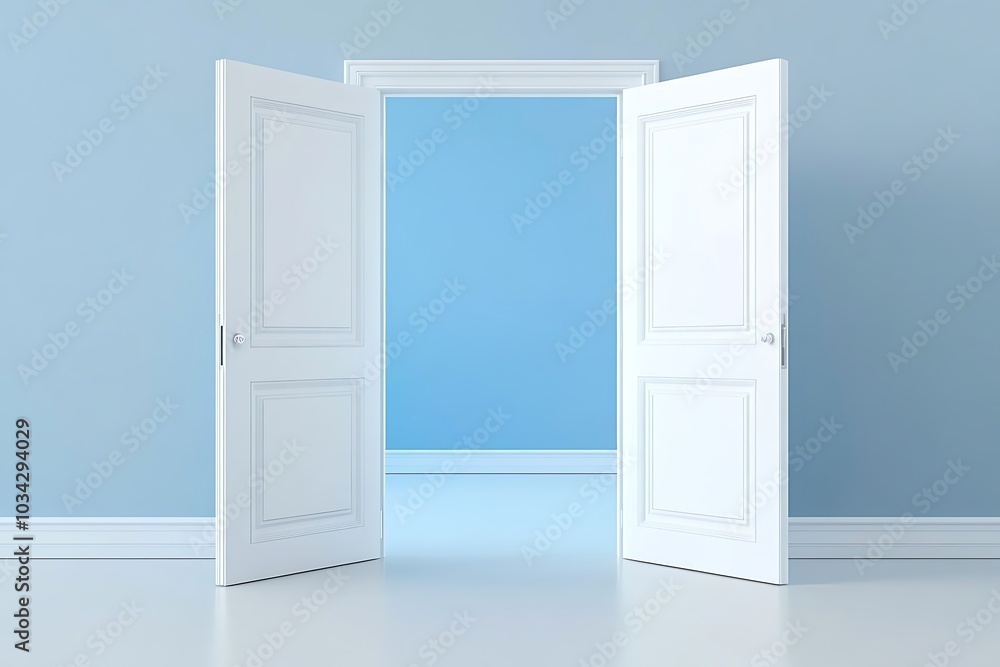 Fototapeta premium Open white double doors against blue wall background. Copy space. 3D Rendering