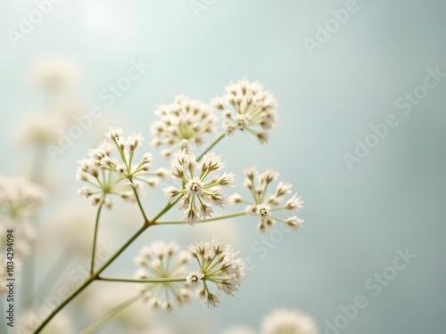 delicate clusters of small, white flowers, likely dried baby's breath. The soft, muted background enhances the ethereal quality of the flowers, creating a tranquil and dreamy atmosphere.