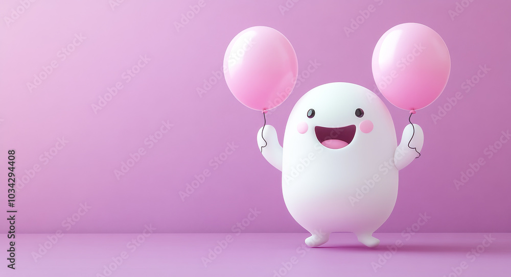 Cheerful character with pink balloons. A cheerful character is joyfully holding pink balloons against a pastel pink background, evoking a sense of celebration and happiness. Cheerful character with pink balloons. A cheerful character is joyfully holding pink balloons against a pastel pink background, evoking a sense of celebration and happiness.