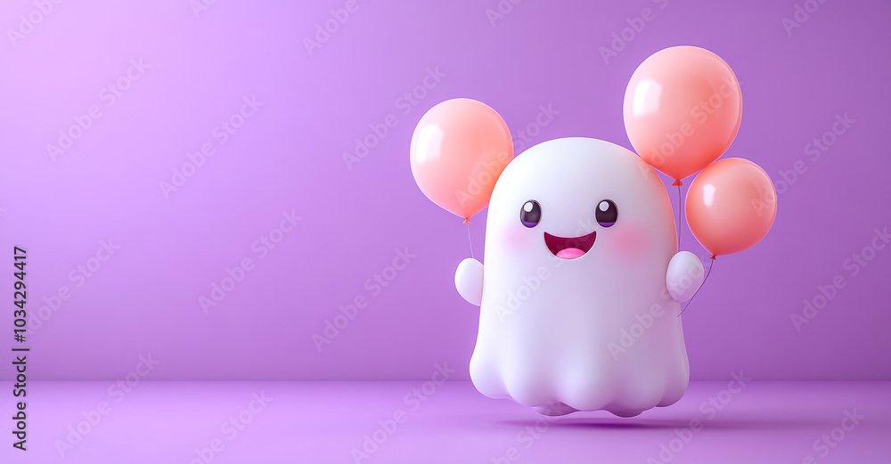 Cheerful ghost with balloons in a whimsy. A cheerful ghost character with pink balloons is happily floating against a soft purple background, radiating joy and playfulness. Cheerful ghost with balloons in a whimsy. A cheerful ghost character with pink balloons is happily floating against a soft purple background, radiating joy and playfulness.