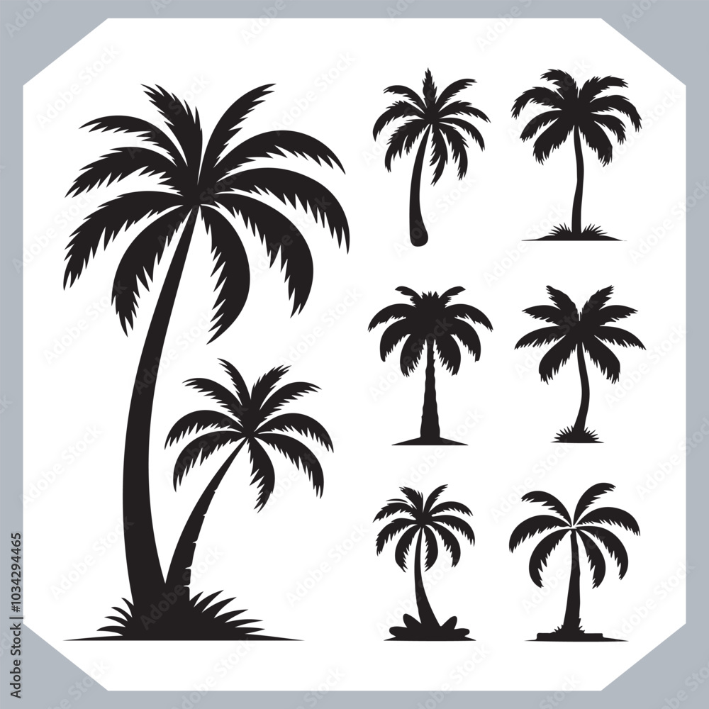 Fototapeta premium Logotype black simple palm tree vector silhouettes, Palm Trees Silhouette, Coconut Tree Silhouette on white background