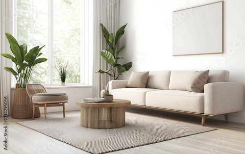 A bright, minimalist living room featuring a light sofa, wooden coffee table, patterned rug, and indoor plants, creating a cozy and inviting atmosphere.