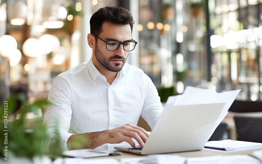 A focused man works on a laptop in a modern café, wearing glasses and a white shirt, surrounded by a warm and inviting ambiance. A focused man works on a laptop in a modern café, wearing glasses and a white shirt, surrounded by a warm and inviting ambiance.