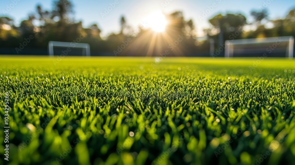 close-up of freshly mowed soccer field grass, goalposts visible in the background, and a bright, sunny day close-up of freshly mowed soccer field grass, goalposts visible in the background, and a bright, sunny day
