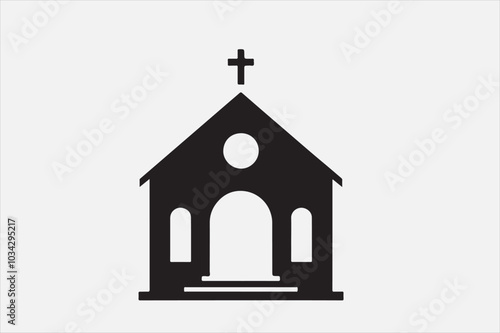 A silhouette of a church with  a cross on top.