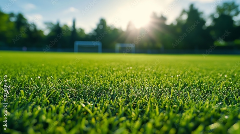 close-up of freshly mowed soccer field grass, goalposts visible in the background, and a bright, sunny day close-up of freshly mowed soccer field grass, goalposts visible in the background, and a bright, sunny day