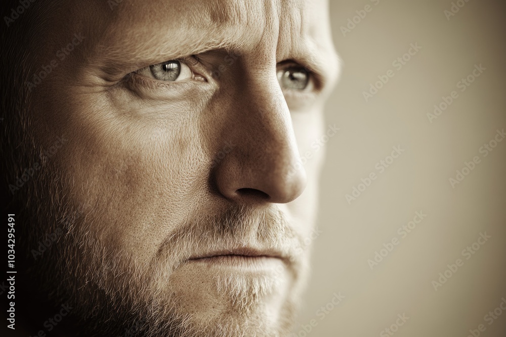 Pensive man gazing with intensity in thoughtful close-up portrait Pensive man gazing with intensity in thoughtful close-up portrait