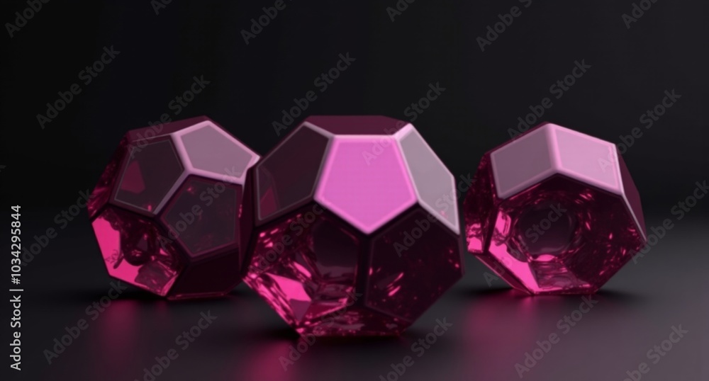 A few plum translucent mirror icosahedrons gleam with elegance, their smooth textures captured in high definition against a dramatic black background. A few plum translucent mirror icosahedrons gleam with elegance, their smooth textures captured in high definition against a dramatic black background.