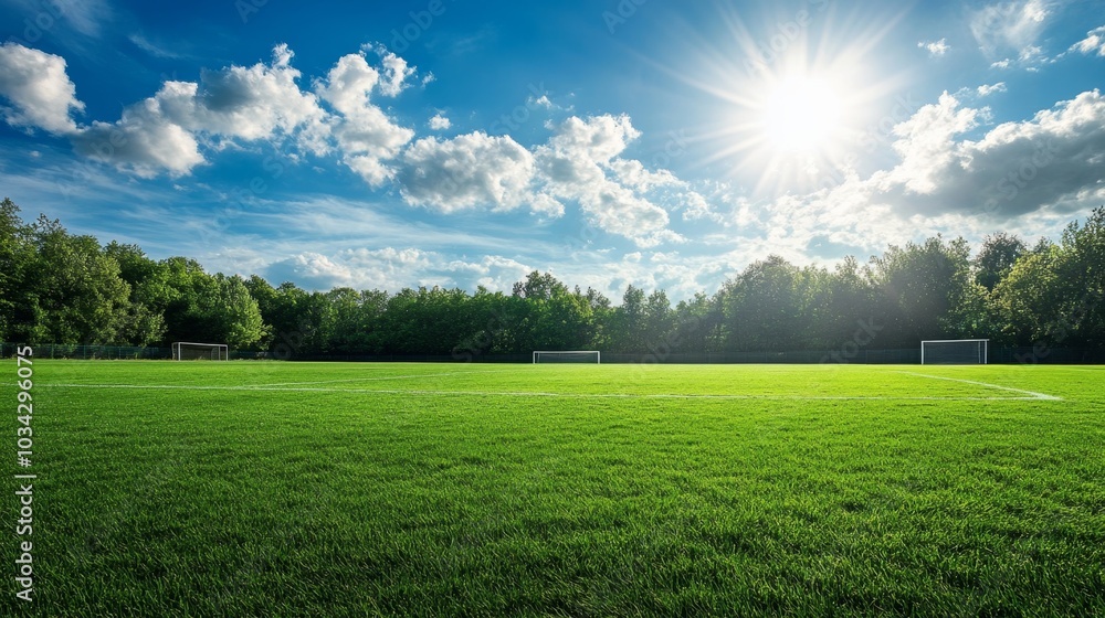 picturesque soccer field with vibrant green grass, goalposts, and a serene, bright sunny day with a few clouds picturesque soccer field with vibrant green grass, goalposts, and a serene, bright sunny day with a few clouds