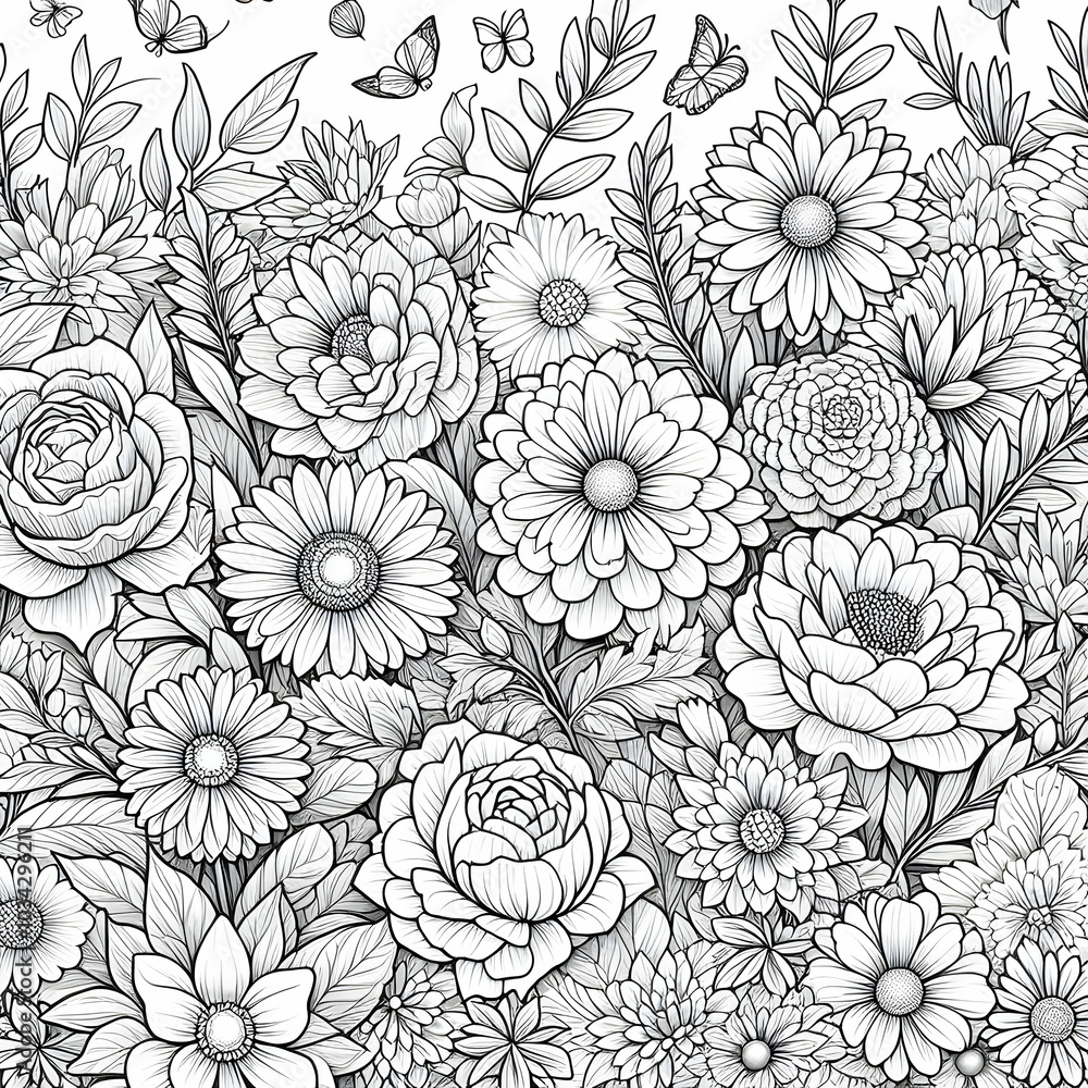 coloring page of seamless pattern with flowers anti-stress , coloring book page, clean line art, thick lines, no color, white background, only strokes coloring page of seamless pattern with flowers anti-stress , coloring book page, clean line art, thick lines, no color, white background, only strokes