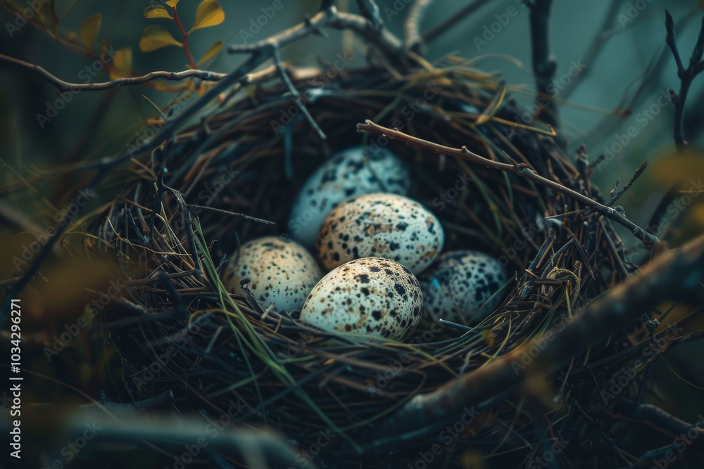 Obraz premium A cozy nest made of twigs and grass contains several speckled eggs, surrounded by delicate leaves, illuminated by soft morning light in a serene outdoor environment