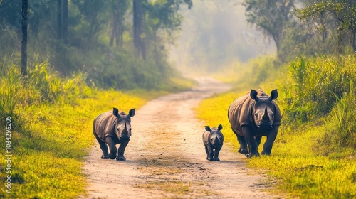 A family of three rhinoceros walk on a dirt path in a dense forest with fog in the background.
