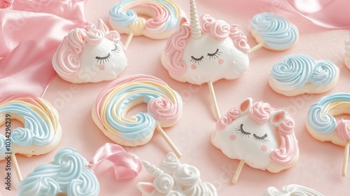 Unicorn and rainbow meringue cookies laying on pink background