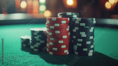 serene close-up of poker chips stacked meticulously on a green felt table, evoking the calm before a strategic play.