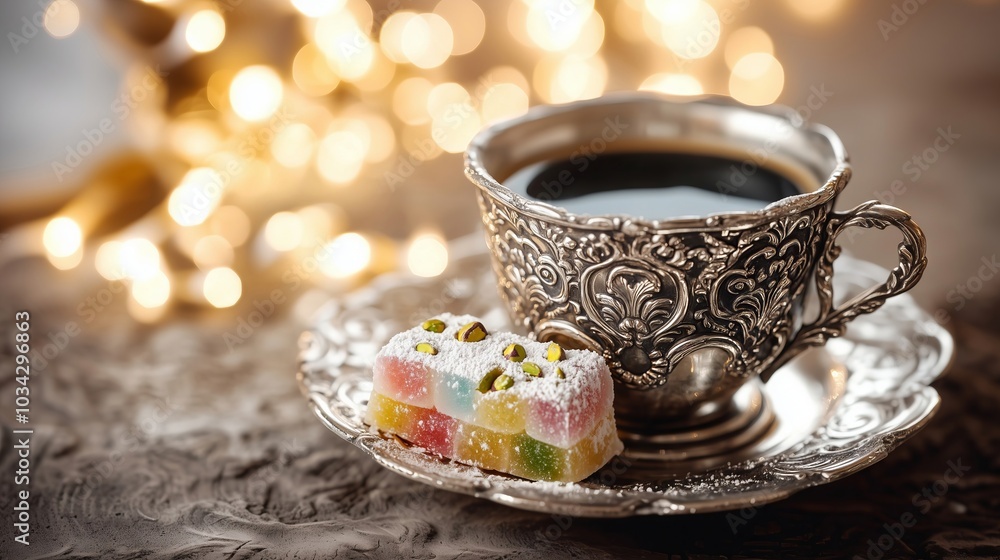 Cup of coffee and turkish delight with festive bokeh background Cup of coffee and turkish delight with festive bokeh background