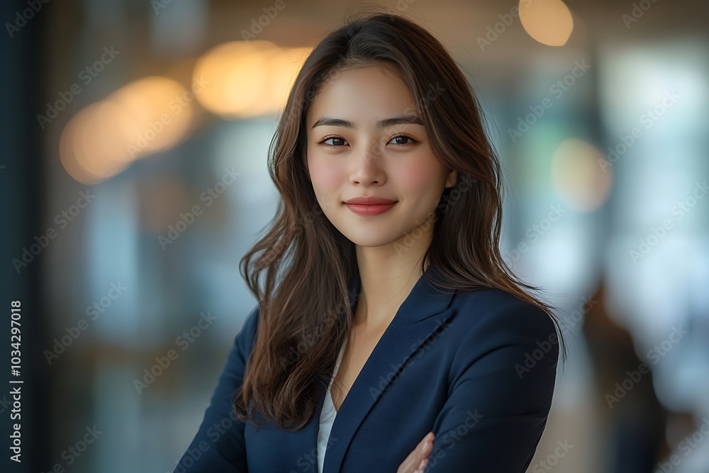 Confident Young Woman in Office with Blurred Background Confident Young Woman in Office with Blurred Background