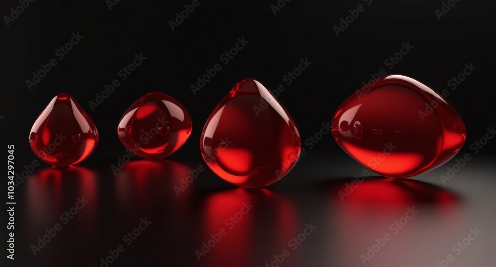 A few crimson translucent mirror ellipsoids dazzle with their smooth surfaces, beautifully rendered in high definition against a stark black background. A few crimson translucent mirror ellipsoids dazzle with their smooth surfaces, beautifully rendered in high definition against a stark black background.