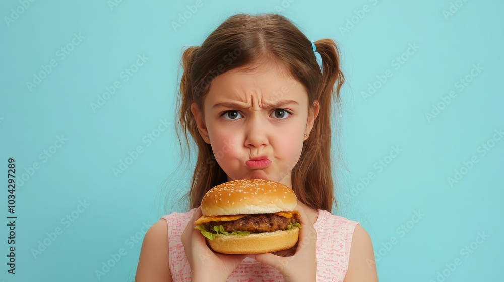 A young girl with a disgusted expression holds a burger in front of her. A young girl with a disgusted expression holds a burger in front of her.