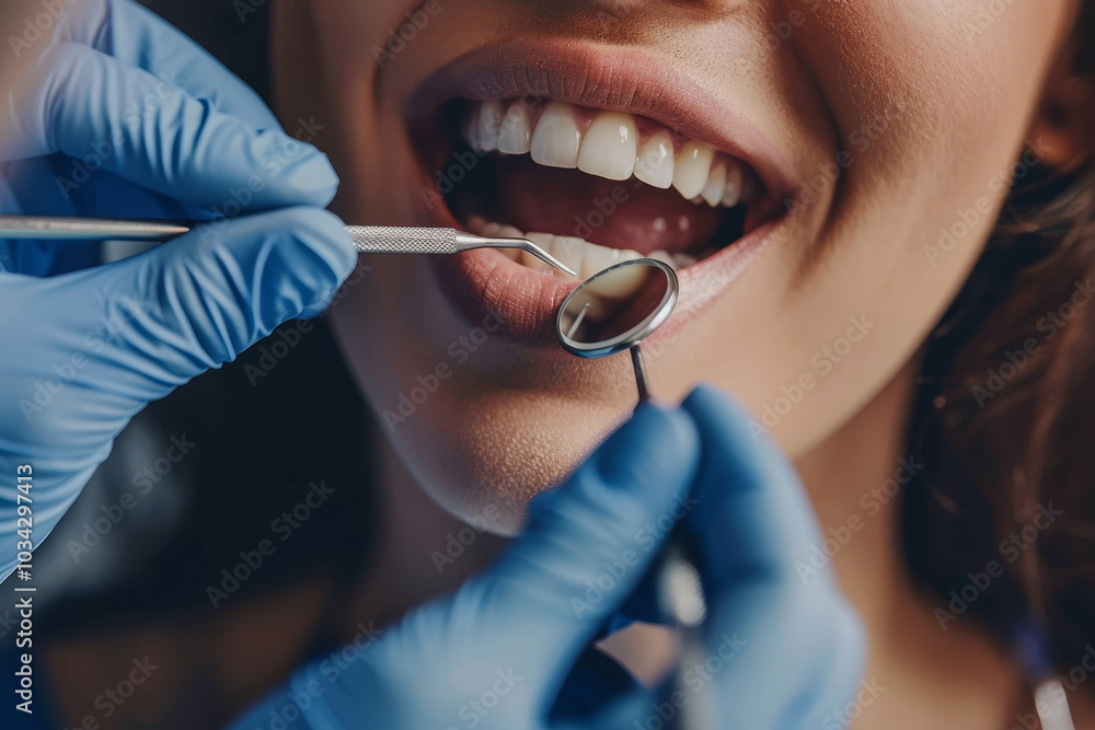 A young woman sits in a dental chair, smiling as a dentist checks her teeth with a mirror and scaler. The atmosphere is vibrant and professional, ensuring a positive experience A young woman sits in a dental chair, smiling as a dentist checks her teeth with a mirror and scaler. The atmosphere is vibrant and professional, ensuring a positive experience