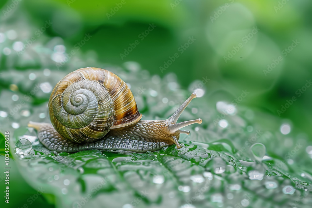 In a serene garden after rainfall, a small snail moves gracefully across a vibrant green leaf, with glistening droplets enhancing the natural beauty surrounding it In a serene garden after rainfall, a small snail moves gracefully across a vibrant green leaf, with glistening droplets enhancing the natural beauty surrounding it