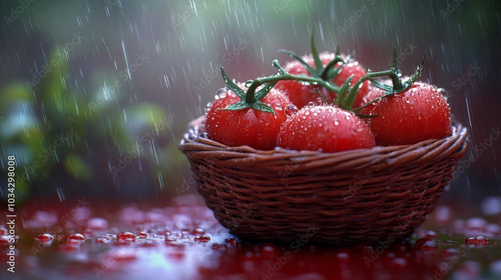 A small basket of ripe red tomatoes with water droplets on them in the rain. A small basket of ripe red tomatoes with water droplets on them in the rain.